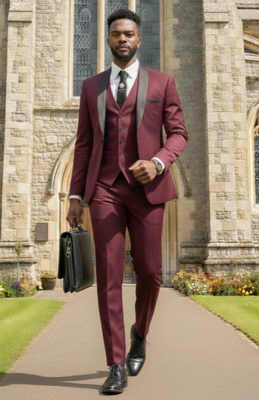 2 Button Shawl Lapel Burgundy Slim Fit Suit FF2SSX+V-1230